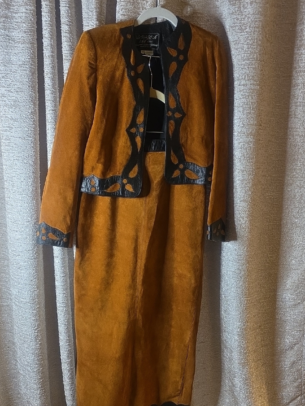Women's Suede Blazer & Skirt Set in Rich Brown with Black Trim